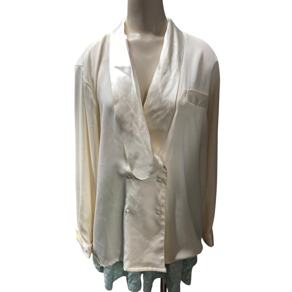 VTG Oscar de la Renta Cream Silk Satin Blouse Double Breasted PJ Top white label